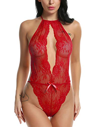 Avidlove Sexy Lingerie for Women Teddy One Piece Lace Babydoll Bodysuit Red L