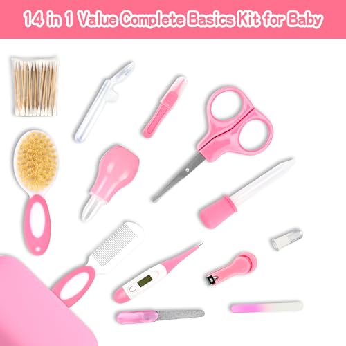 Baby Grooming Kit,Infant Safety Care Setwith Hair Brush Comb Nail Clipper Nasal Aspirator, Baby Essentials Kit for Newborn Girls Boys (14 PC-Pink Kit)