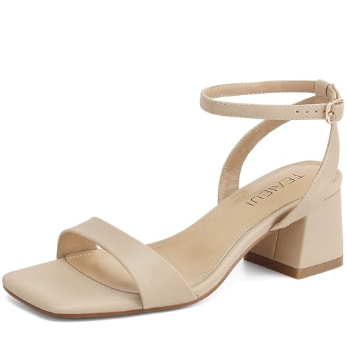Image of TEAIEUI Block Heels for Women, Square Open Toe Heeled Sandals, Chunky Ankle Strap Shoes for Dress, Party, Prom, Low Heel 2 inch