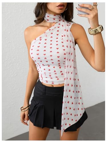 Image of RoseSeek Women's Y2K Leopard Polka Dots Halter Asymmetrical Neck Crop Tops | One Shoulder, Slim Fit, Sleeveless, Cheetah Print, Summer Tops, Scarf Tops, Party, Going Out Tops