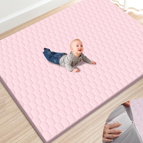 Image of TINYHARBO Premium Foam Baby Play Mat 71" x 59" with Removable Cover, Extra Thick Padding Playpen Mat, Non-Slip Floor Mat, Stylish & Easy to Clean for Crawling Baby, Infants & Toddlers, Pink