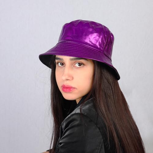 Image of Unisex Metallic Bucket Hat Waterproof Holographic Bucket Hat Fishing Hat Trendy Hip Pop Sun Cap