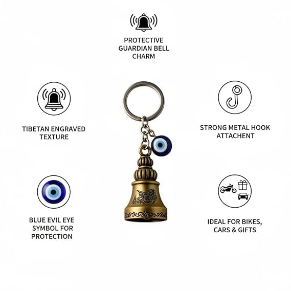 Image of Guardian Bell Keychain with Blue Evil Eye Nazar Charm, Tibetan Engraved Texture, Good Luck Protection for Bike and Car
