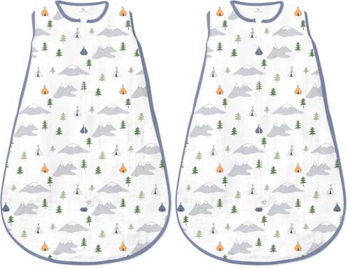 Image of Amazing Baby Cotton Muslin Sleeping Sack, for Baby Boy or Girl, Wearable Blanket with 2-Way Zipper, Outdoor Adventure, Denim, Medium (6-12 Month) (Pack of 2)