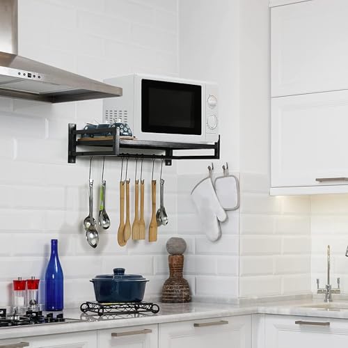 Image of REMANENCE Microwave Oven Stand Wall Mount Heavy Load Shelf Stand 4-Hooks Kitchen Wall Mounted Storage Organiser OTG Printer Shelf Fax Rack Black (1 Tier)