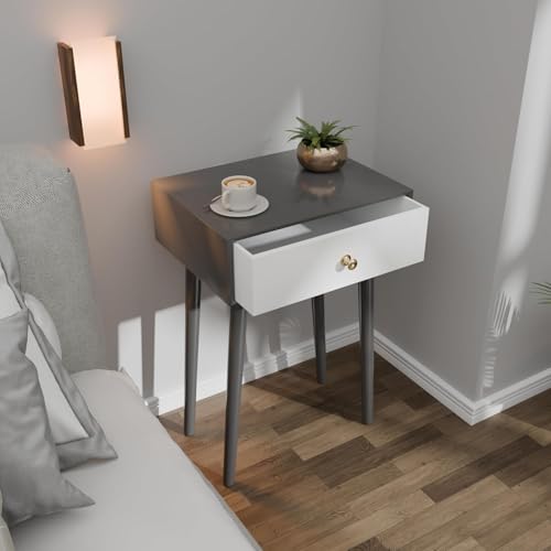 Image of Device Bas with Brown Art Shoppe Nightstands End Side Table with Drawer and Solid Wood Legs, CBedside Table for Bedrooms, Century Modern Drawer Storage Cabinet for Living Room Furniture (Grey &White)