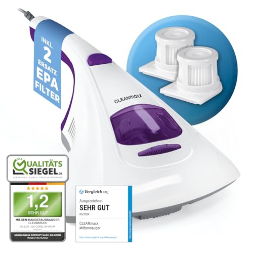 CLEANmaxx Milbensauger mit UV-C-Licht & 2 EPA-Filter, Matratzen Handstaubsauger für Allergiker, Anti Milben Matratzenreiniger vernichtet 99,9% Aller Milben, Bakterien, Bettwanzen, Lila