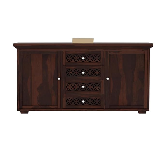 Image of SHIKHA WOOD CRAFT Solid Sheesham Wood Sideboard Cabinet with 4 Drawers and 2 Doors Storage | Wooden Multipurpose Cabinet Storage Furniture for Living Room, Bedroom, Home, and Kitchen (Walnut Finish)