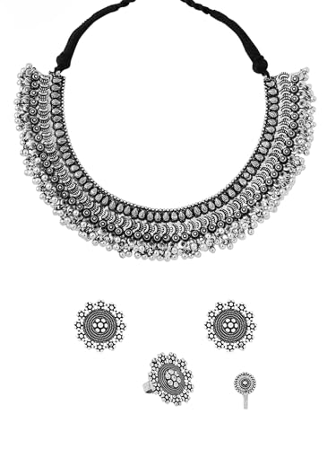 Yellow Chimes Classic German Silver Oxidised Crafted Traditional Choker Necklace Set With Earring Jewellery Set Jewellery Set for Women (Osidized Silver) (YCTJNS-32OXDCHK-SL)