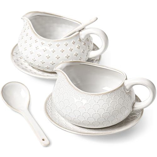 LE TAUCI Gravy Boat with Ladle and Saucer Stand 24oz, Ceramic Sauce Boat with Tray for Salad Dressings, Creamer, Broth, Black Pepper, Set of 2, Arctic White, Firework+Clover