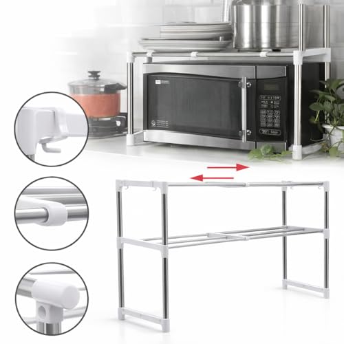 Image of DecorTwist Stainless Steel Microwave Oven Storage Rack for Kitchen | Universal Countertop Organizer | Heavy-Duty Rust Resistant Rack for Microwave, Oven & Appliances