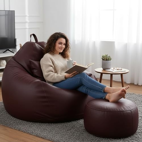 Image of KAM'S LIEU 5XL Bean Bag Combo with Footrest & Cushion | Filled with High Density EPS Beans | Comfortable Sofa for Living Room & Bedroom | 6 Months Warranty, Color- (Maroon, 5XL, Classic)