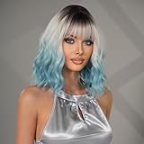 TRUMOST 15 Inch Short Wavy Silver Blue Ombre Wig with Bang Synthetic Heat Resistant Silver White Ombre Wigs for Women Halloween and Daily Party Used.