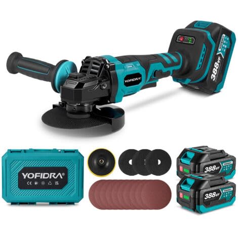 Smerigliatrice Angolare Brushless 125mm, 2in1, 3 Velocità Regolabili, 388Vf 4000mAh ×2 Batterie, 12000RPM, Compatibile con Batteria Makita, con Valigetta e Accessori