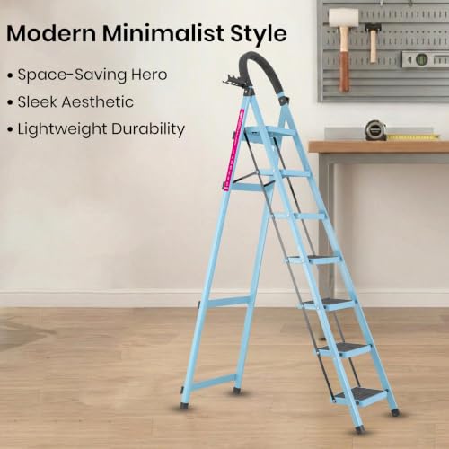 Image of Casa Copenhagen Teal Blue 7 Step Ladder for Home Use with Built-in Tool Tray | Heavy Duty D Shape Rods | Ultra Large Platform | Wide Rubber Feet | 150Kg Capacity Foldable Ladder - 7 Years Warranty