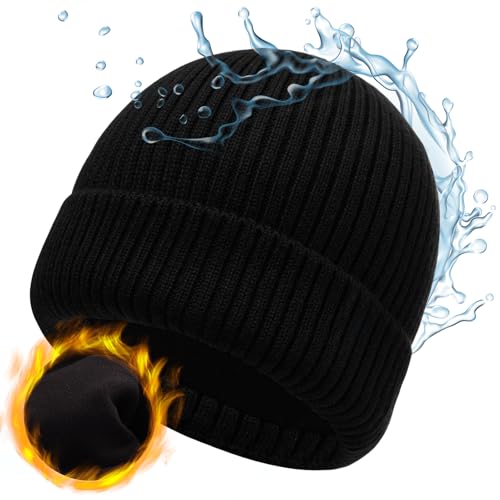 Waterproof Merino Wool Beanie Hat for Men Women, Warm Fleece Lined Knit Winter Hats Skull Stocking Cap, Rainproof Windproof Cuffed Beanie for All Weather, Medium Large Black
