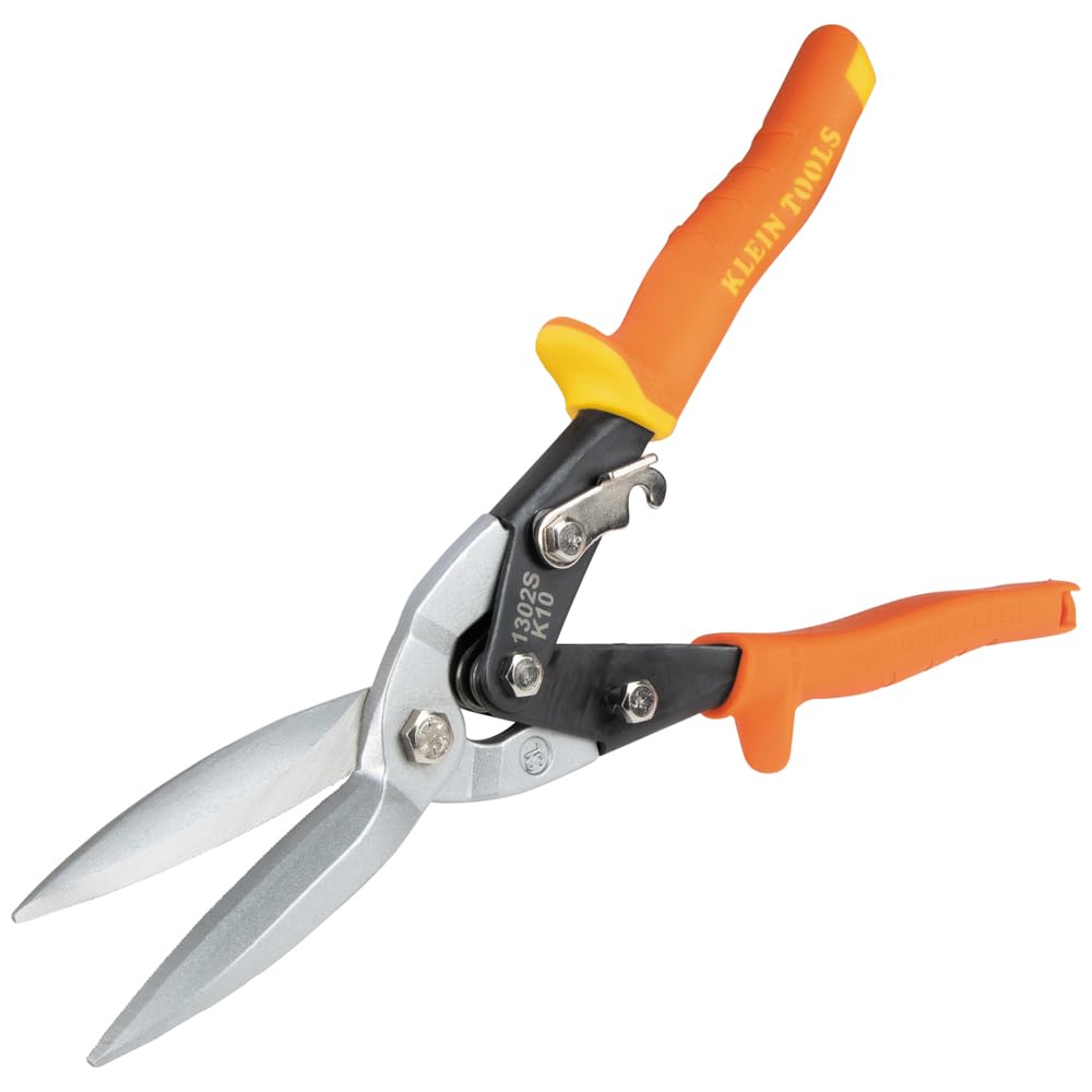 Klein Tools 1302S Aviation Tin Snips, Straight, Long Cut, Heavy Duty Metal Cutting Shears with Forged Steel Blade