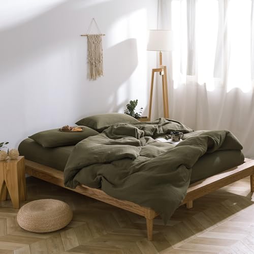 Image of mixinni Olive Green Waffle Weave Duvet Cover Set King, 3-Piece 100% Natural Washed Cotton Triple-Layer Gauze Solid Bedding Set, Soft Breathable Minimalist Comforter Cover with Zipper & Ties-King