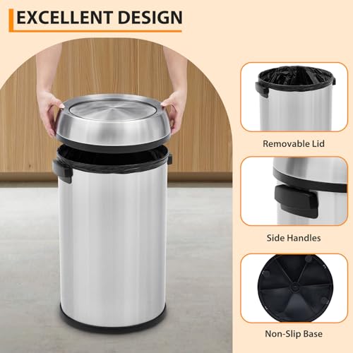 Image of 65L /17 Gal Commercial Trash Can, Round Open Top Trash Can, Large Capacity Waste Bin for Indoor /Outdoor Businesses Use, Stainless Steel Garbage Bin for Home Office Cafes Shopping Mall, Silver