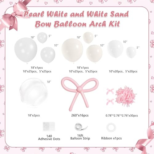 Image of Pearl Balloon Arch Kit, JOGAMS 199Pcs White Bow Balloon Arch Kit with 260 Clear Balloons Pink Ribbon Bow for Coquette Bow Theme Birthday Baby Shower Wedding Bachelorette Bridal Shower Party