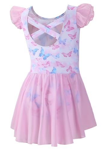 Image of DIPUG Ballet Leotards for Girls Ballet Leotard with Skirt Toddler Dance Leotards Flutter Sleeve and Criss-Cross Back
