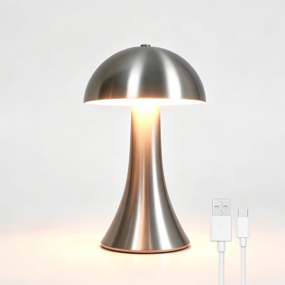 LOGT Metal Table Lamp, Cordless, Mushroom-Shaped Bedside Lamp, Rechargeable via USB, Dimmable, Touch-Control, Vintage Table Light, Silver Flowerpot Light, for Indoor and Outdoor Use, Suitable