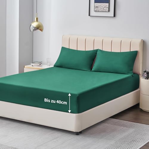 Aisbo Spannbettlaken 160x200cm Bettlaken Boxspringbett - Bett Laken Dunkelgrün 160x200 aus Premium Mikrofaser, weiches Spannbetttuch 160 x 200 Steghöhe 40cm für Wasserbett Bed Fitted Sheet