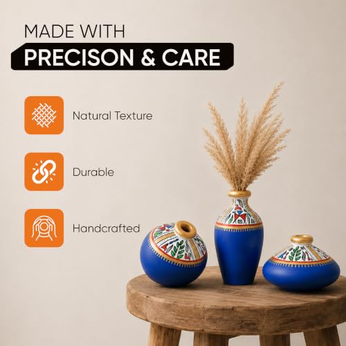 Image of Aakriti Art Creations Rustic Charm Trio Vase Set of 3 | Hand-Painted Warli Art Terracotta Vases in Blue | Matte Finish Decorative Vases for Living Room, Table Decor & Gifting