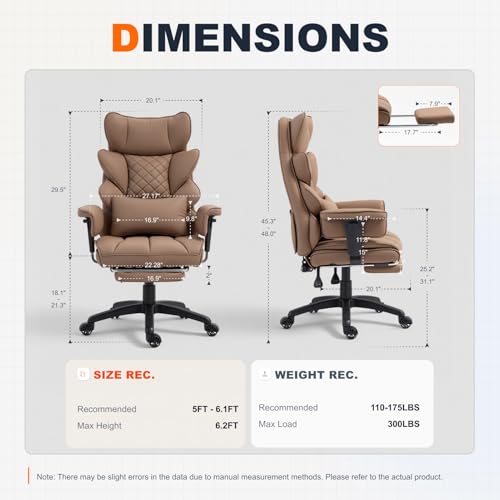Image of Dowinx Big and Tall Office Chair with Pocket Spring Cushion,High Back Computer Gaming Chairs with Adjustable Armrests,Executive Desk Chairs with Lumbar Support and Footrest,PU-Brown