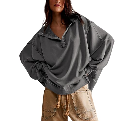 Sudaderas De Gran Tamaño Para Mujer, Sudadera Henley Con Cuello Abotonado Y Mangas Largas Tipo Farol, Tops Casuales Tipo Pulóver(Gray,M)