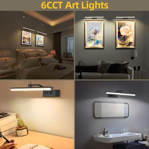 Image of 6 Colors Picture Lights Battery Operated with Remote, 16 inch Cordless Rechargeable Painting Lights with Timer for Wall, 6CCT Dimmable Display Lights for Artwork Gallery Dartboards, 4 Pack (Black)