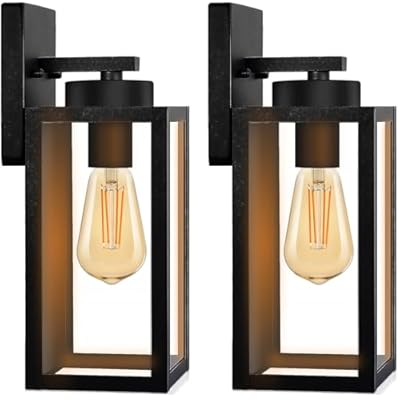 Outdoor Wall Light Fixtures, Exterior Waterproof Lanterns, Porch Lights Outdoor Wall Mounted Lighting with E26 Sockets & Glass Shades, Modern Black Outdoor Lights for House Door Entryway, 2-Pack