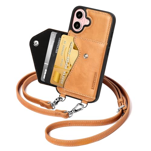 LUCKYCOIN 100% Genuine Leather Crossbody Wallet Phone Case for iPhone 16, Shockproof Phone Purse with Adjustable Lanyard Strap & Card Holder, Crossbody Purses for Women, Vintage Tan by LUCKYCOIN - Image 4