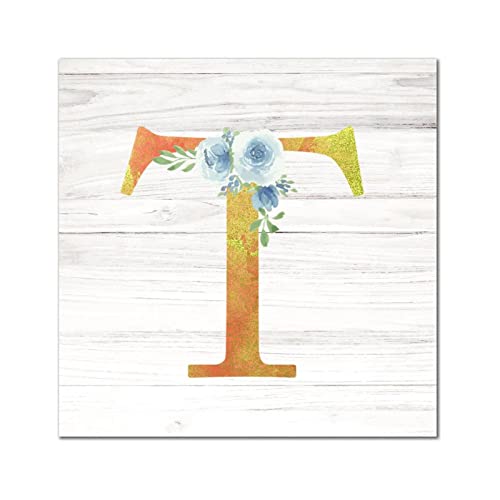 Lettre T en bois déco chambre et salon monogramme floral aquarelle