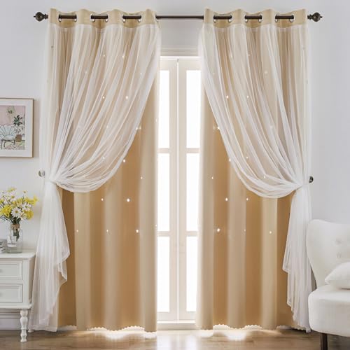 Image of indistar Star Cutout Kids Window Blackout Curtains for Girl Bedroom Window Room Darkening Curtains & Drapes Baby Nursery Curtains (2 Panel, 52W x 95L inch,Beige)
