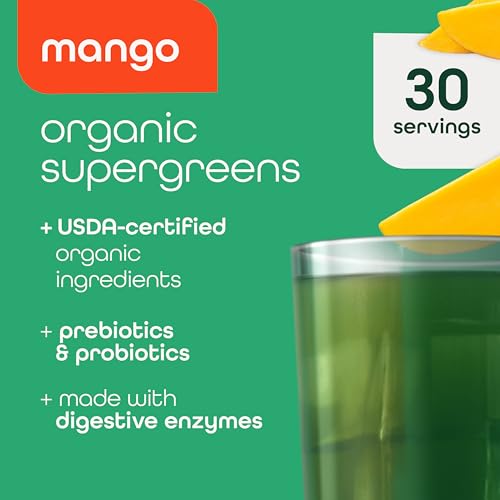 Image of Zena Nutrition Organic Super Greens Powder, 70+ Superfoods, 0 Sugar, 3G Fiber, Spirulina, Chlorella, Mushrooms, Prebiotics /Probiotics, Digestive Enzymes for Gut Health, Mango, 30 Servings