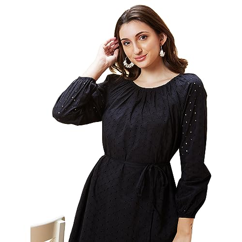 Image of Globus Women Black Schiffli Self Design Round Neck Waist Tie-Up A-Line Dress-3638199001