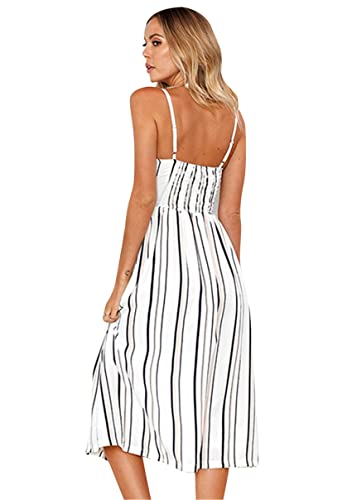Image of YMING Womens Summer Spaghetti Strap Dresses Button Down Floral Sundress High Waist Swing Midi Dress with Pockets