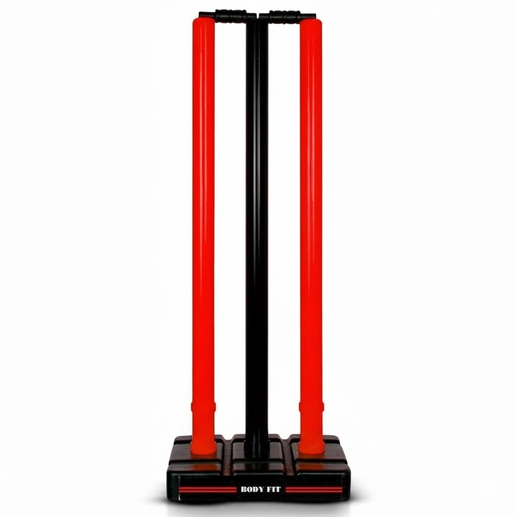 Bodyfit Heavy Cricket Stumps | Red Plastic Wickets Set with 3 Stumps + 2 Bails + 1 Stand | Full Size Wickets for Cricket Ground, Tournament Wicket, Red-B-R.-picture-13