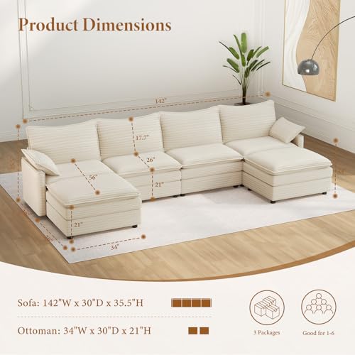 Image of Vesgantti 142 inch U Shaped Sectional Couch, Comfy Cloud Modular Sectional Sofa with 2 Ottoman Deep Seat Corduroy Modern Cloud Sofa, Modular Sofas for Living Room, Bedroom and Apartment, Beige