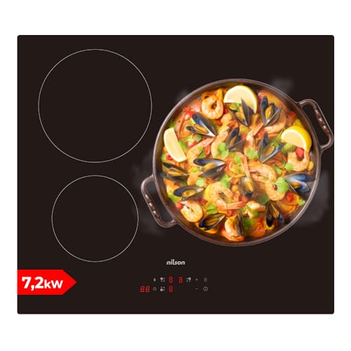 Nilson Placa De Inducción Cristal Negro Ni3600. Potencia Máx. 7200 W, 3 Zonas De Cocción, 9 Niveles De Cocción, Control Táctil, Función Turbo, Bloqueo, Autodesconexión Seguridad, Diámetros 16-21-29 Cm