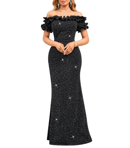 Image of dasmzper Women Sexy Sequin Off Shoulder Ruffle Short Sleeve Bodycon Mermaid Party Formal Evening Maxi Dress
