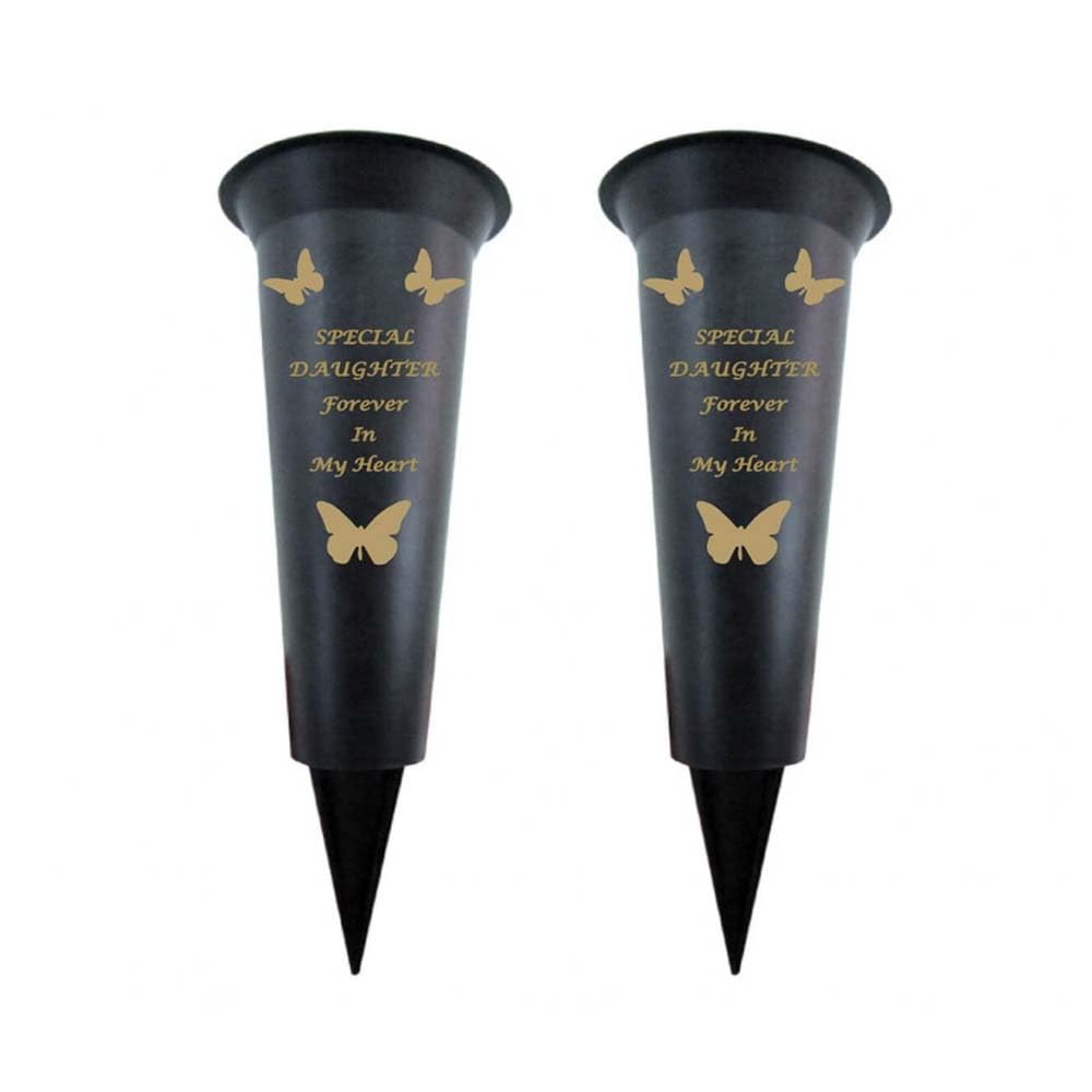 Memorial Grave Vases Ornaments Black Plastic Flower Holders - Butterfly Spike Grave Flower Vases with Funeral Verses for Your Loved Ones - Pack of 2 (Daughter - Pack of 2)