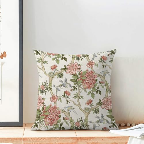 Sorktse Chinoiserie Pillow Covers 18x18 Inch Set of 2 Pink Green Floral Bird Throw Pillows Vintage Chinoiserie Flower Pillowcases Linen Outdoor Decor Cushion Covers for Bedroom Couch Sofa — view 4