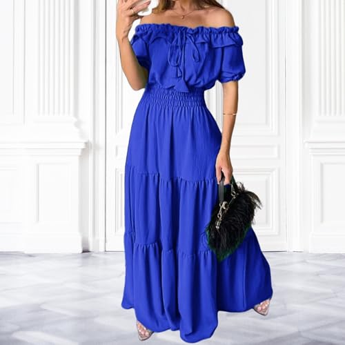 Summer Maxi Dresses for Women 2025 Off Shoulder Ruffle Dress Formal Office Dresses Smocked Waist Puff Sleeve Casual2
