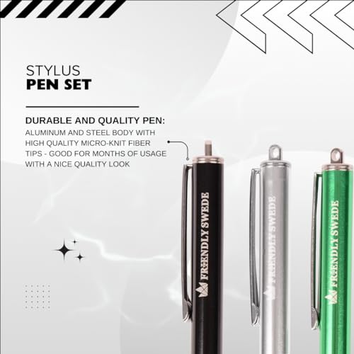 The Friendly Swede Stylus Pen Replaceable Micro-Knit Mesh Tip - Capacitive Touchscreen Stylus, Tablet Styli with Lanyards, Screen Cleaning Cloth Tips (3 Pack) (Silver + Black + Green)