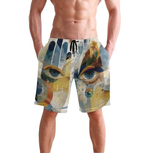 Men's Swim Trunks Eye Hands Print, Quick Dry Beach Board Shorts with Lining-S