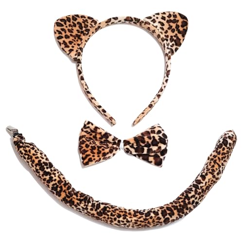 Yomglyxn Cheetah Costume for Women Adult Cheetah Ears Headband Leopard Ears and Tail Bow Tie Set Animal Ears Accessories for Halloween Cosplay Party Dress Up