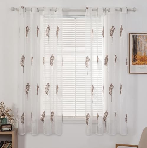 MIULEE Gardinen mit Kaffee und Weiss Blätter Muster 2er Set 140x175cm | Modern Stickerei Wohnzimmer Vorhänge Transparent mit ösen für Schlafzimmer Deko, Schöne Blätter Muster Vorha