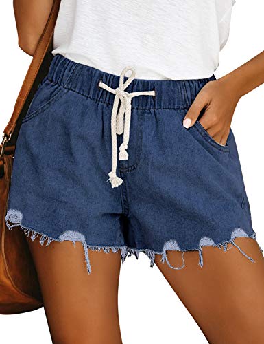 luvamia Women's Ripped Denim Jean Shorts Elastic Waist Drawstring Casual Shorts Denim Blue Size XX-Large
